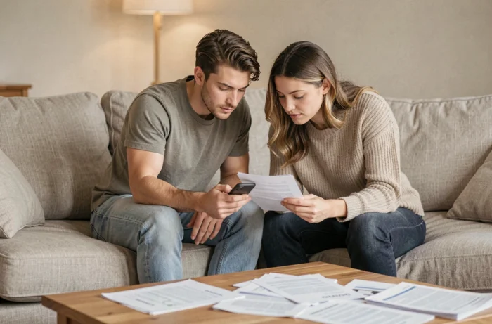 Jeune couple consultant une application bancaire sur smartphone pour gérer leur budget commun