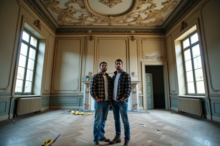 Couple inspectant l'intérieur délabré d'un château abandonné en France pour évaluer les travaux de rénovation avant un achat à prix symbolique