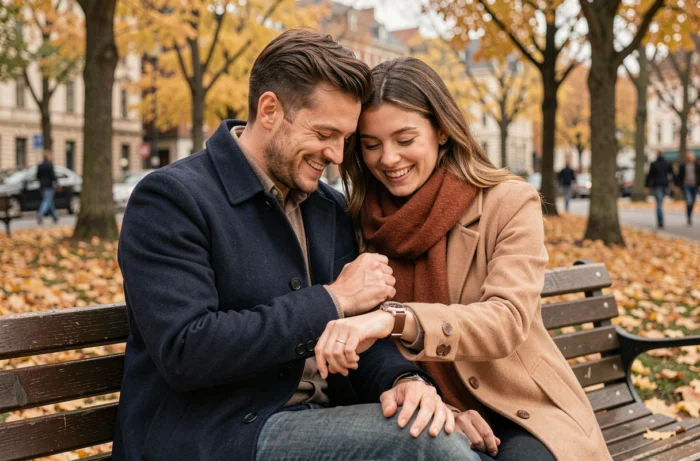 Couple regardant une montre affichant 12h13 dans un parc en automne, illustrant le message caché en amour selon la numérologie