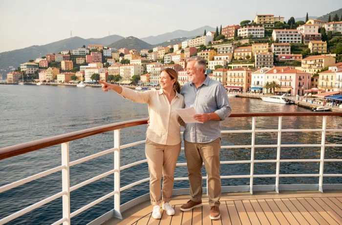 Couple de voyageurs sur le pont d'un navire de croisière devant un port méditerranéen
