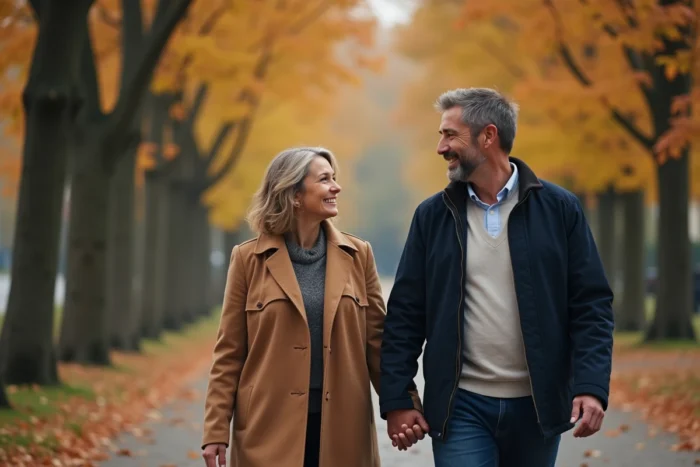 Couple main dans la main se promenant sur une allée arborée en automne, symbolisant la complicité et l'équilibre affectif dans la relation de couple