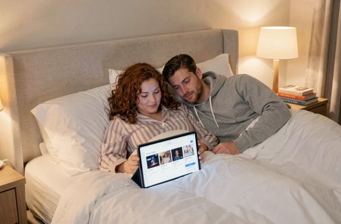 Couple regardant une série en streaming sur une tablette dans leur chambre sans abonnement requis