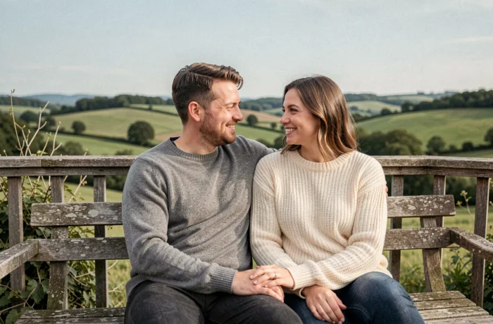 Couple détendu sur une terrasse en bois avec vue sur la campagne française, évoquant l'équilibre entre vie publique et vie privée