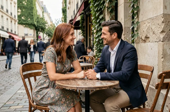 Couple heureux attablé en terrasse parisienne, atmosphère chaleureuse et intimiste