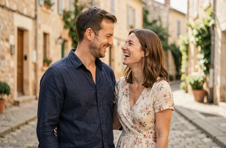 Couple heureux se promenant dans un village français, illustrant la vie privée et amoureuse d'un personnage public