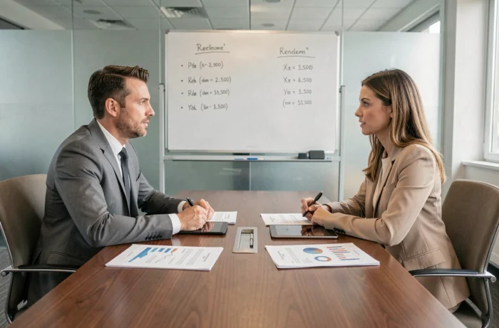 Réunion entre un courtier en financement professionnel et un dirigeant d'entreprise pour optimiser la trésorerie