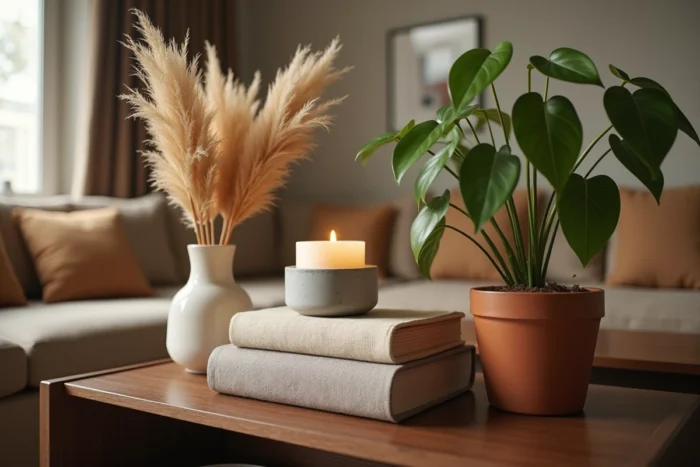 Étagère de salon décorée avec des accessoires tendance à petit prix, vase en céramique, bougie et plante verte dans un intérieur cosy