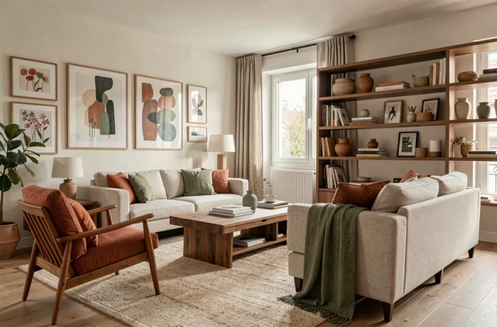Vue d'ensemble d'un salon moderne décoré avec des éléments personnalisés, mêlant art mural, textiles sur mesure et matières artisanales dans des tons neutres et chauds.