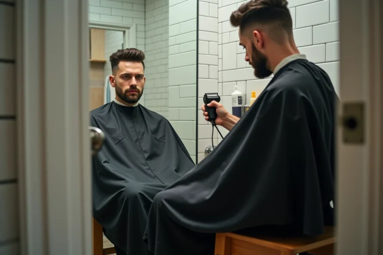 Homme réalisant lui-même un dégradé à blanc avec une tondeuse devant un miroir de salle de bain à domicile