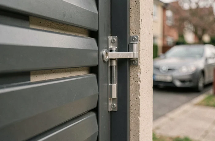 Détail de la surface et des charnières d'un portail aluminium anthracite avec finition lisse et fixations métalliques visibles