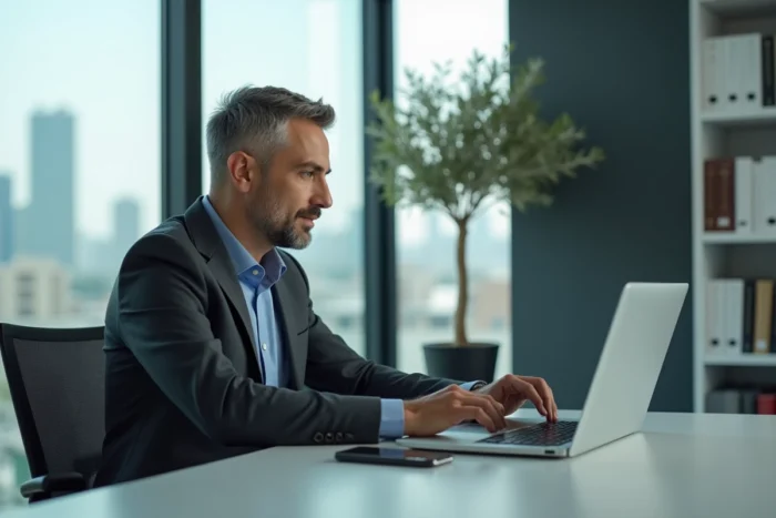Dirigeant d'entreprise consultant un rapport de performance digitale sur ordinateur portable dans un bureau avec vue sur la ville
