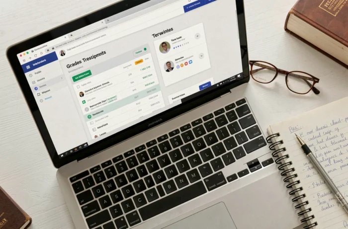 Gros plan sur un écran d'ordinateur affichant un relevé de notes universitaire en ligne avec des accessoires d'étudiant en droit