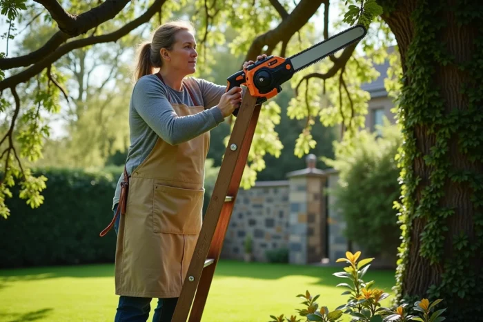 Femme utilisant une élagueuse électrique sur un escabeau pour tailler de hautes branches d'arbre