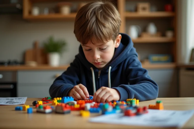 Garçon de 8 ans concentré sur la construction d'un ensemble LEGO coloré sur une table en bois, activité créative pour enfants