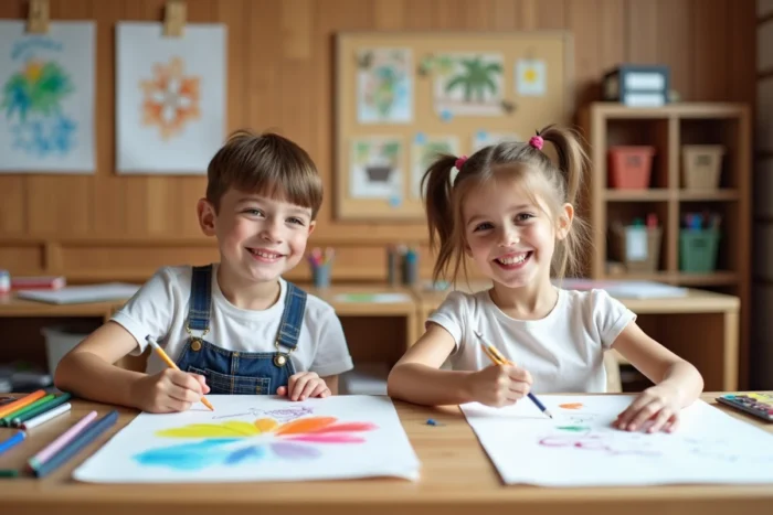 Deux enfants de 8 ans peignant à l'aquarelle dans un atelier créatif, activités artistiques et passion pour le dessin chez les jeunes