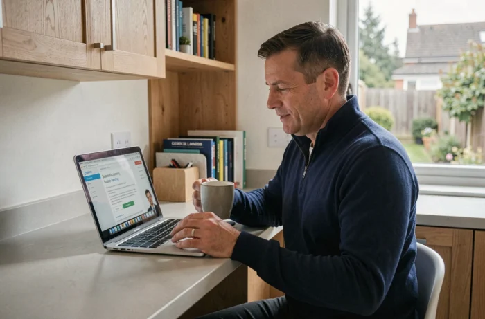 Entrepreneur masculin consultant des ressources business en ligne depuis son bureau à domicile avec un laptop