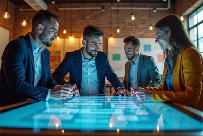 Équipe de professionnels collaborant sur des outils digitaux autour d'une table interactive dans un espace de travail moderne