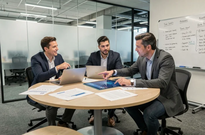 Équipe de professionnels collaborant autour de ressources business en ligne lors d'une réunion dans un bureau moderne