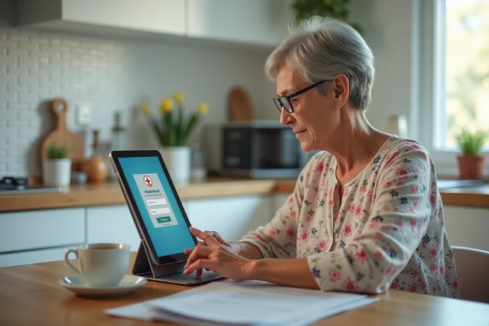 Femme senior utilisant une tablette pour se connecter à son espace client médical Hellodoc dans sa cuisine