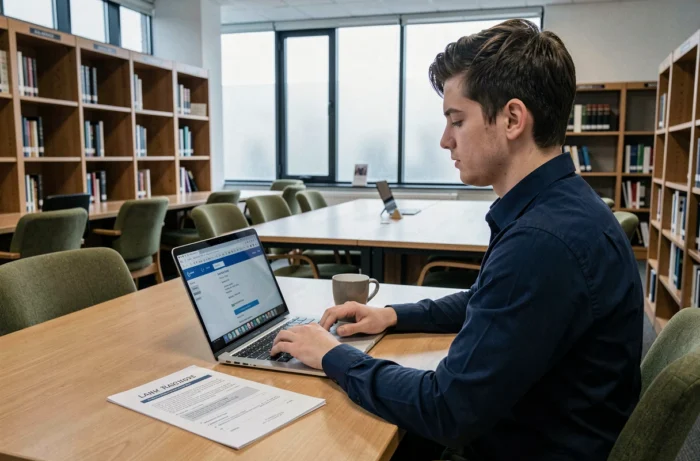 Étudiant en droit accédant à ses résultats académiques sur son ordinateur portable dans une bibliothèque universitaire