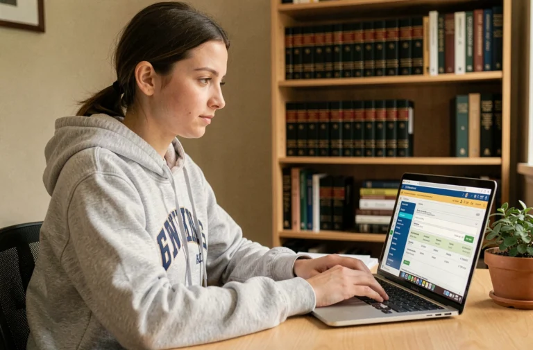 Étudiante en droit consultant son relevé de notes sur un portail universitaire en ligne depuis son appartement