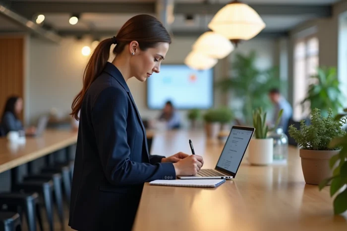 Femme experte en blogging prenant des notes dans un espace de coworking professionnel et créatif