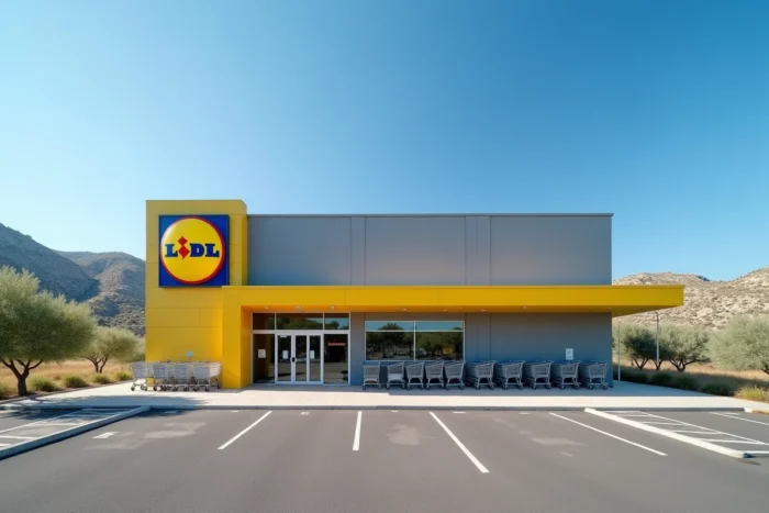 Vue extérieure d'un supermarché Lidl en Corse entouré de végétation méditerranéenne et ciel bleu