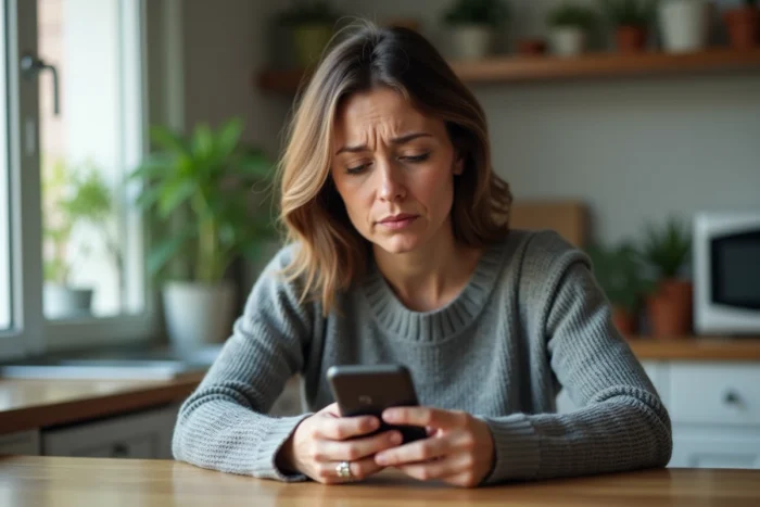 Femme inquiète regardant un appel WhatsApp entrant depuis un indicatif +212 inconnu sur son smartphone