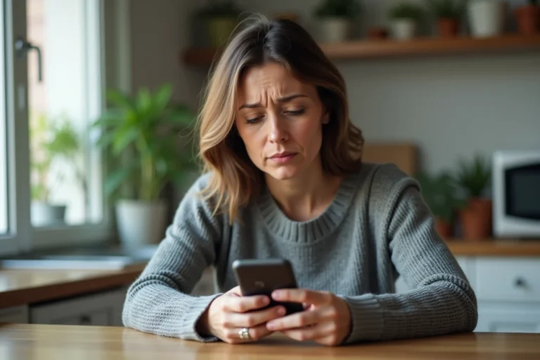 Femme inquiète regardant un appel WhatsApp entrant depuis un indicatif +212 inconnu sur son smartphone