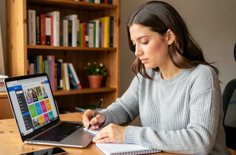 Jeune femme apprenant en ligne sur un ordinateur portable dans un bureau à domicile cosy, prenant des notes dans un cahier