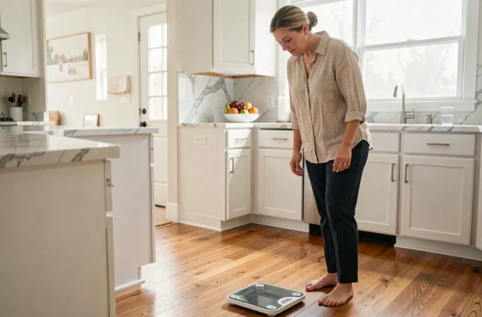 Femme se pesant sur une balance dans sa cuisine, symbolisant les préoccupations liées à la prise de poids sous traitement hormonal Acthéane