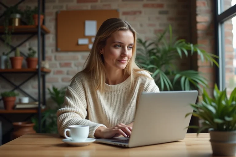 Femme blogueuse travaillant sur son ordinateur portable dans un bureau à domicile chaleureux et inspirant