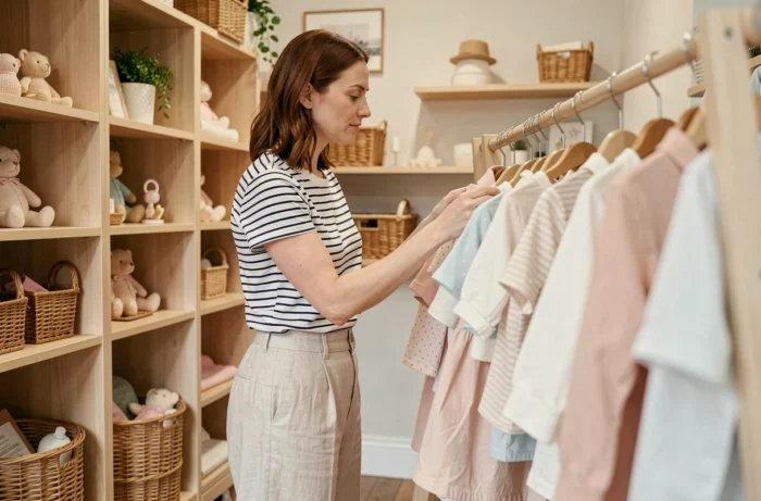 Femme parcourant des vêtements de bébé dans une boutique parisienne, moment de vie authentique