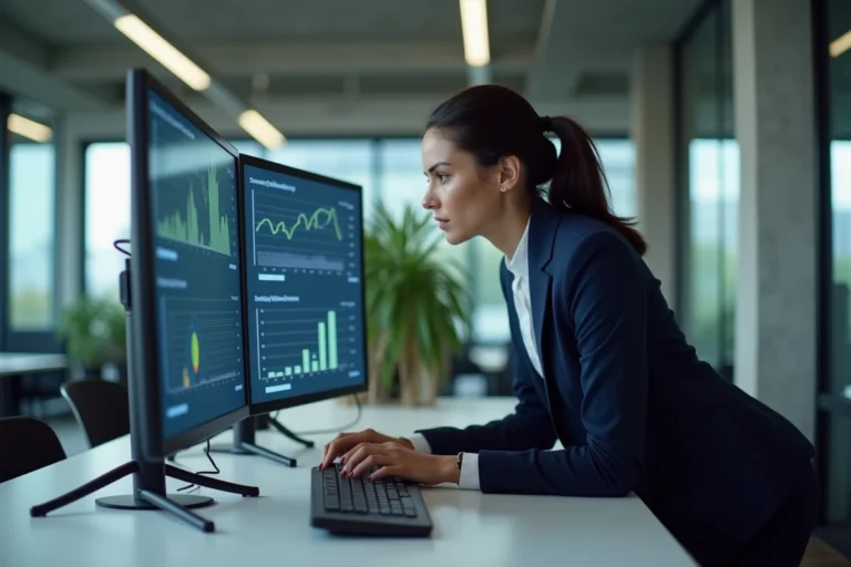 Femme cadre analysant des tableaux de bord de performance digitale sur plusieurs écrans dans un bureau moderne