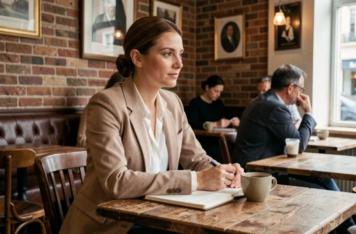 Femme élégante assise dans un café parisien, représentant le rôle discret et influent d'une compagne dans la vie d'un homme public