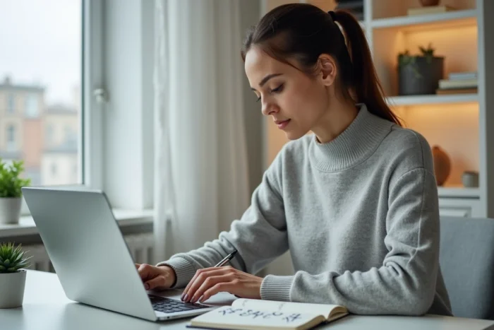 Femme calculant seule les frais et coûts de son prêt immobilier sur ordinateur portable