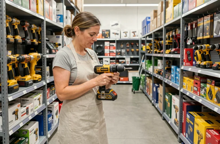 Femme choisissant un outil électrique dans un magasin de bricolage, comparant deux perceuses sans fil dans un rayon bien organisé