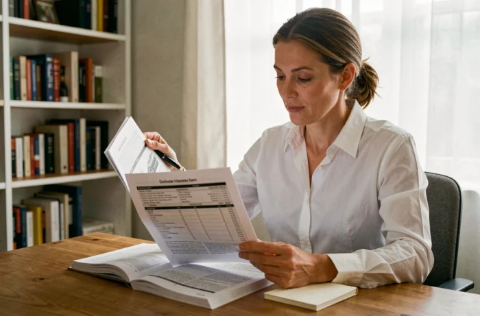 Femme consultant le manuel du propriétaire d'une voiture pour vérifier les spécifications d'huile moteur
