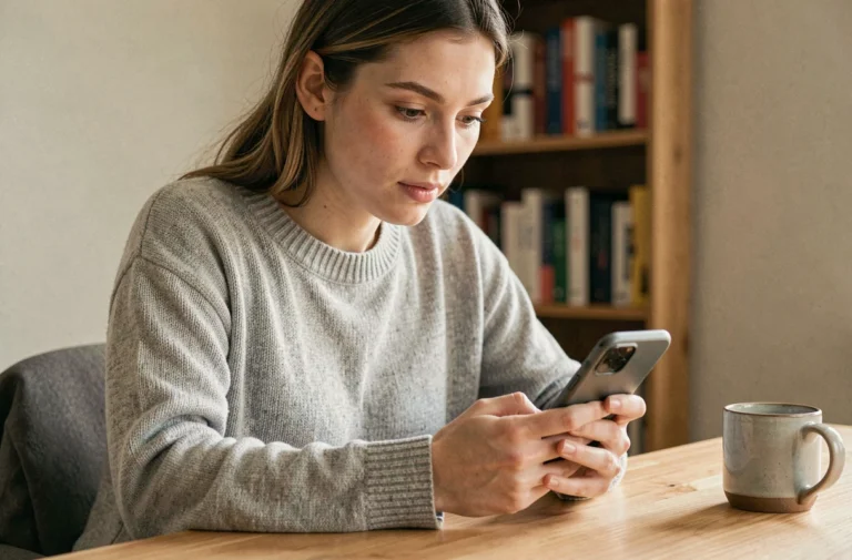 Jeune femme consultant les demandes envoyées sur Instagram depuis son smartphone à son bureau à domicile