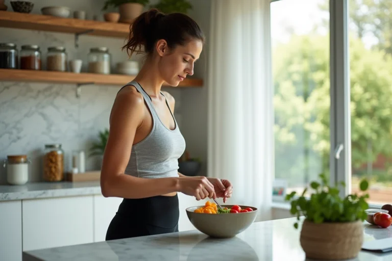 Femme préparant un bol de salade saine dans une cuisine moderne pour une alimentation équilibrée et une perte de poids naturelle