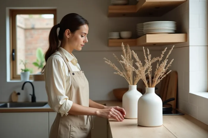 Femme arrangeant des vases en céramique et tiges botaniques séchées sur une étagère en bois dans une cuisine décorée avec goût
