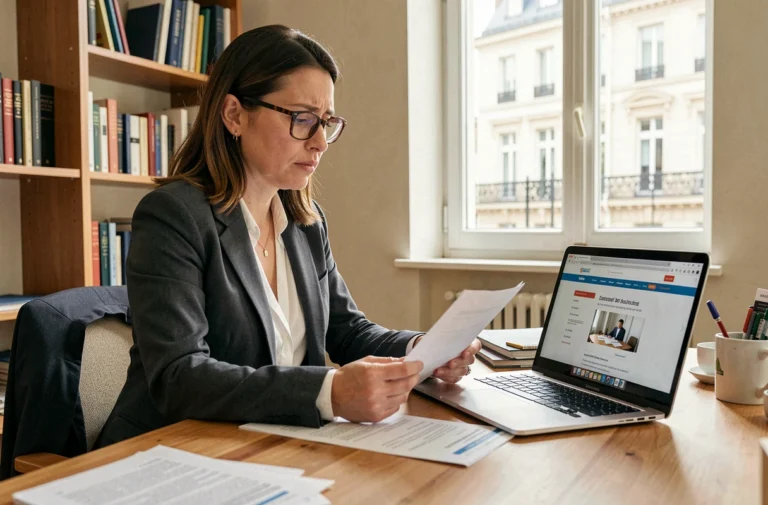 Femme consultant des documents d'indemnisation après un accident de voiture à Paris