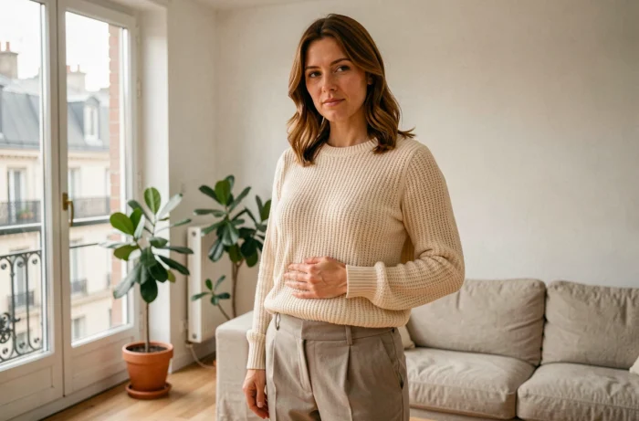 Femme enceinte dans un appartement parisien, posant sereinement en pull crème avec vue sur les toits
