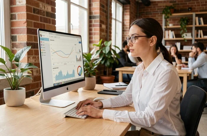 Femme entrepreneur analysant des ressources business en ligne sur un grand écran dans un espace de coworking moderne