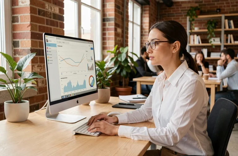 Femme entrepreneur analysant des ressources business en ligne sur un grand écran dans un espace de coworking moderne