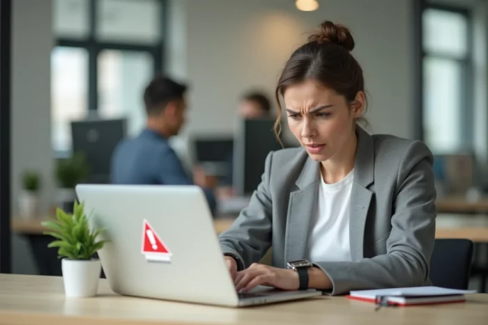 Femme frustrée face à une erreur de connexion sur le portail e-habillement au bureau