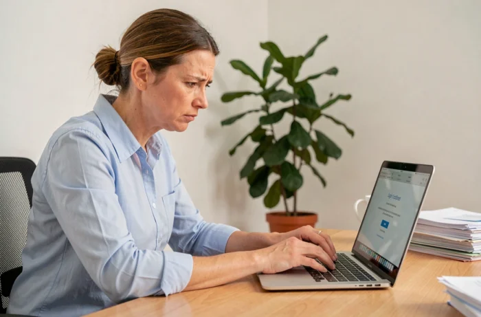 Femme frustrée devant un ordinateur portable affichant une erreur de connexion au webmail académique