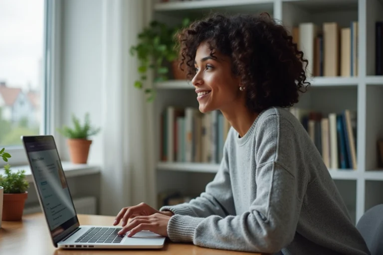 Femme concentrée suivant une formation en ligne sur un ordinateur portable dans un bureau à domicile moderne