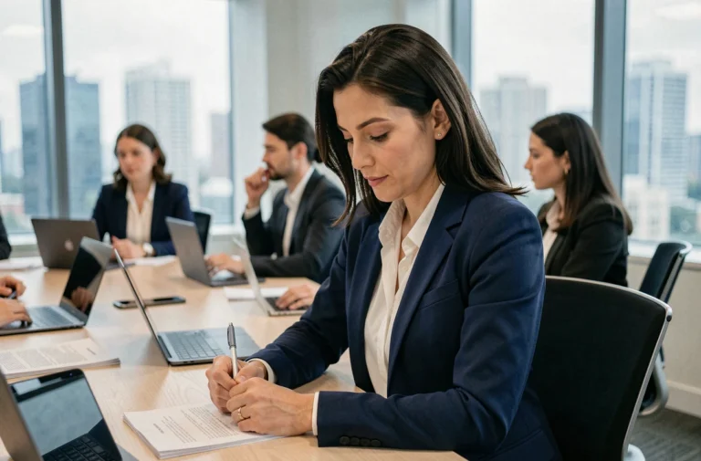 Femme professionnelle en formation prenant des notes dans une salle de réunion moderne, illustrant le développement des compétences en entreprise