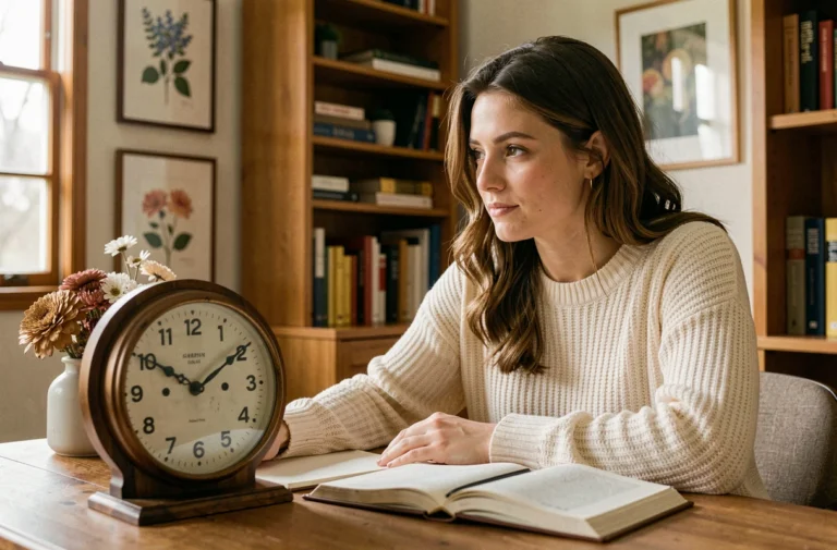 Femme contemplant une horloge affichant 12h13, symbolisant la numérologie et les messages cachés en amour